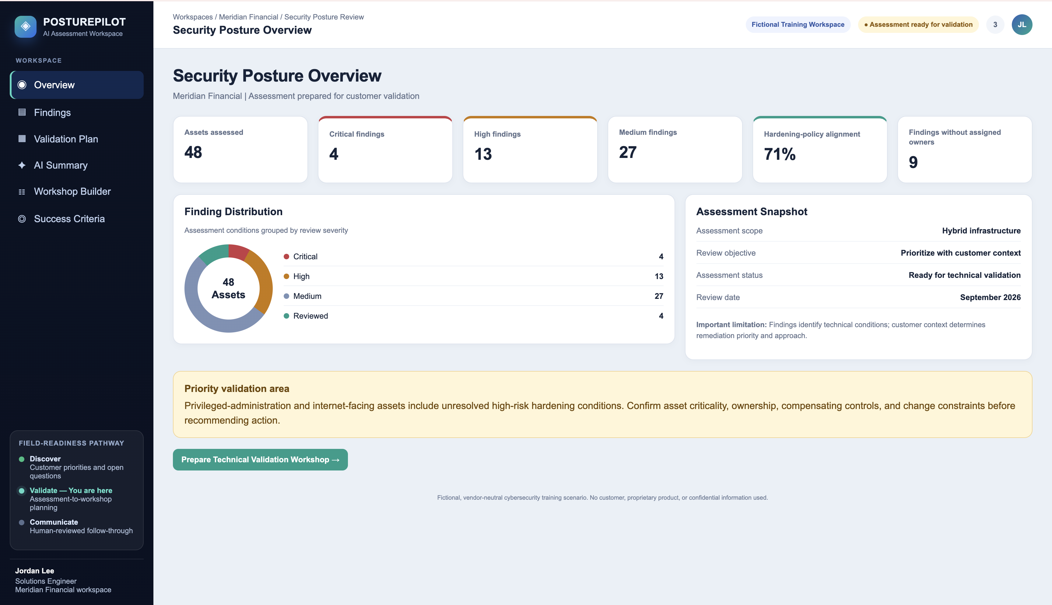 PosturePilot Security Posture Overview showing severity levels, higher-risk systems, and broad remote-management access on ops-jump-01 marked Critical.