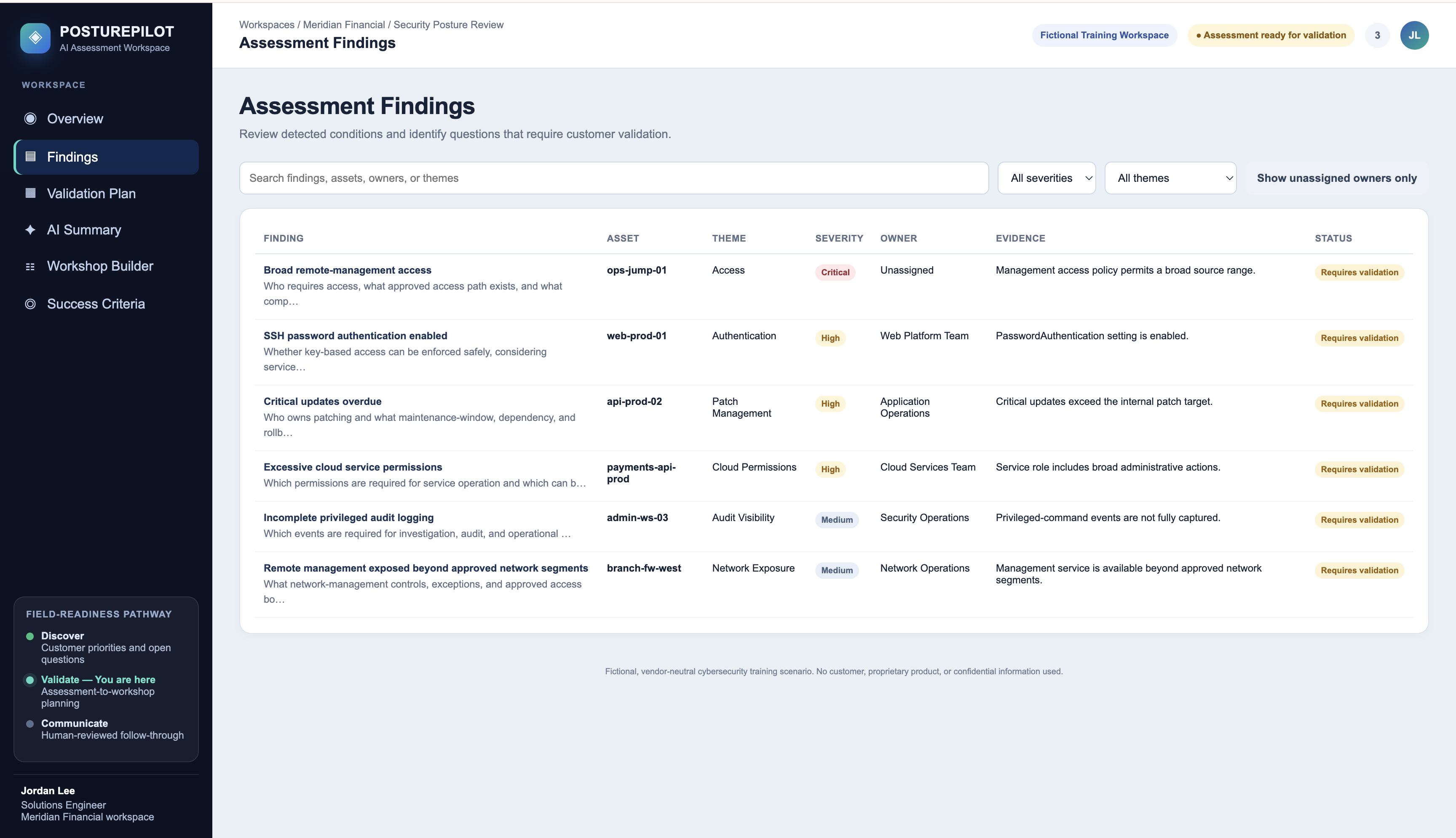 PosturePilot Assessment Findings screen showing broad remote-management access on ops-jump-01, marked Critical, with the confirmed evidence and customer questions.