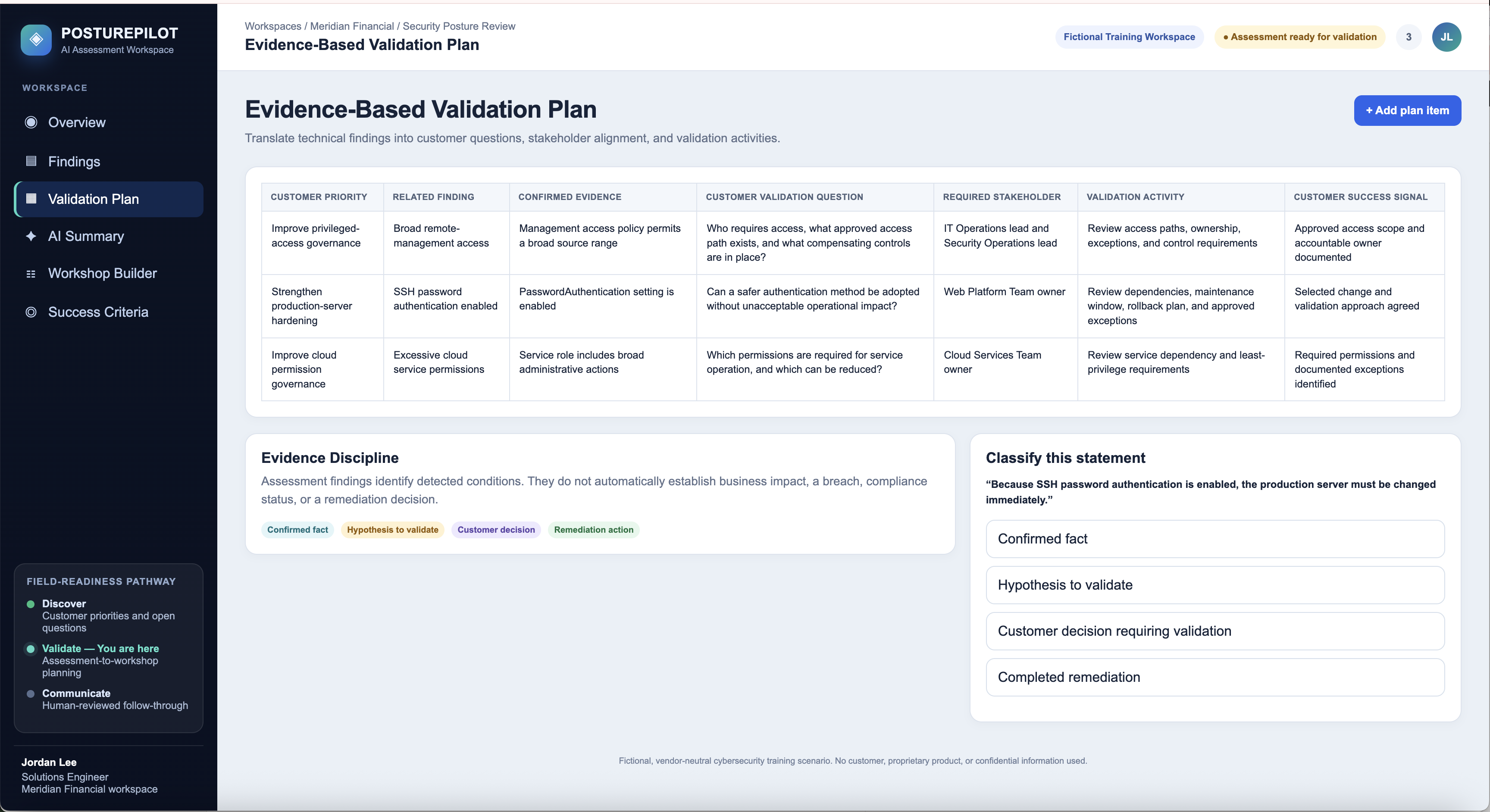 PosturePilot Validation Plan showing ops-jump-01, the report fact, a customer question, stakeholders, a test activity, and a success check.