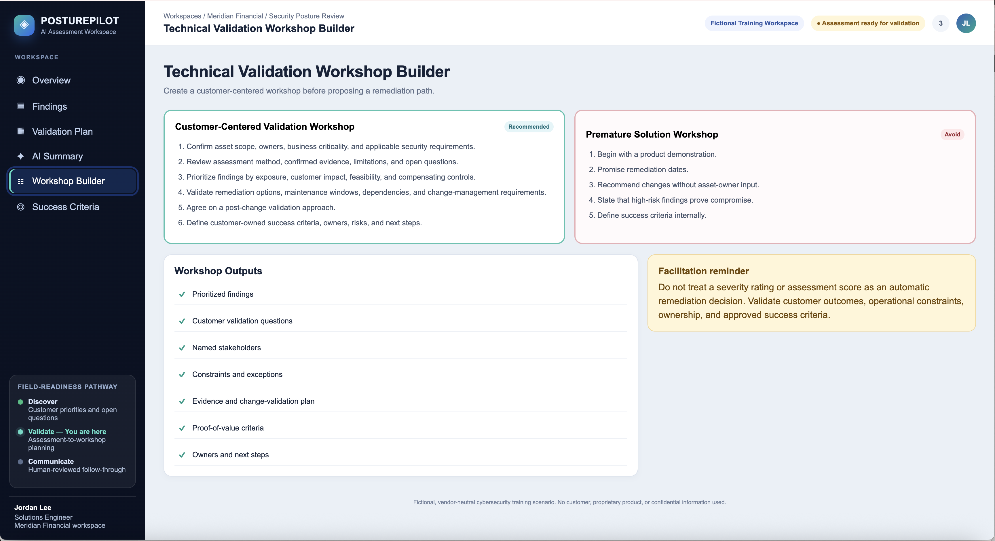 PosturePilot AI Workshop Brief showing unsupported claims flagged and evidence-based statements kept.