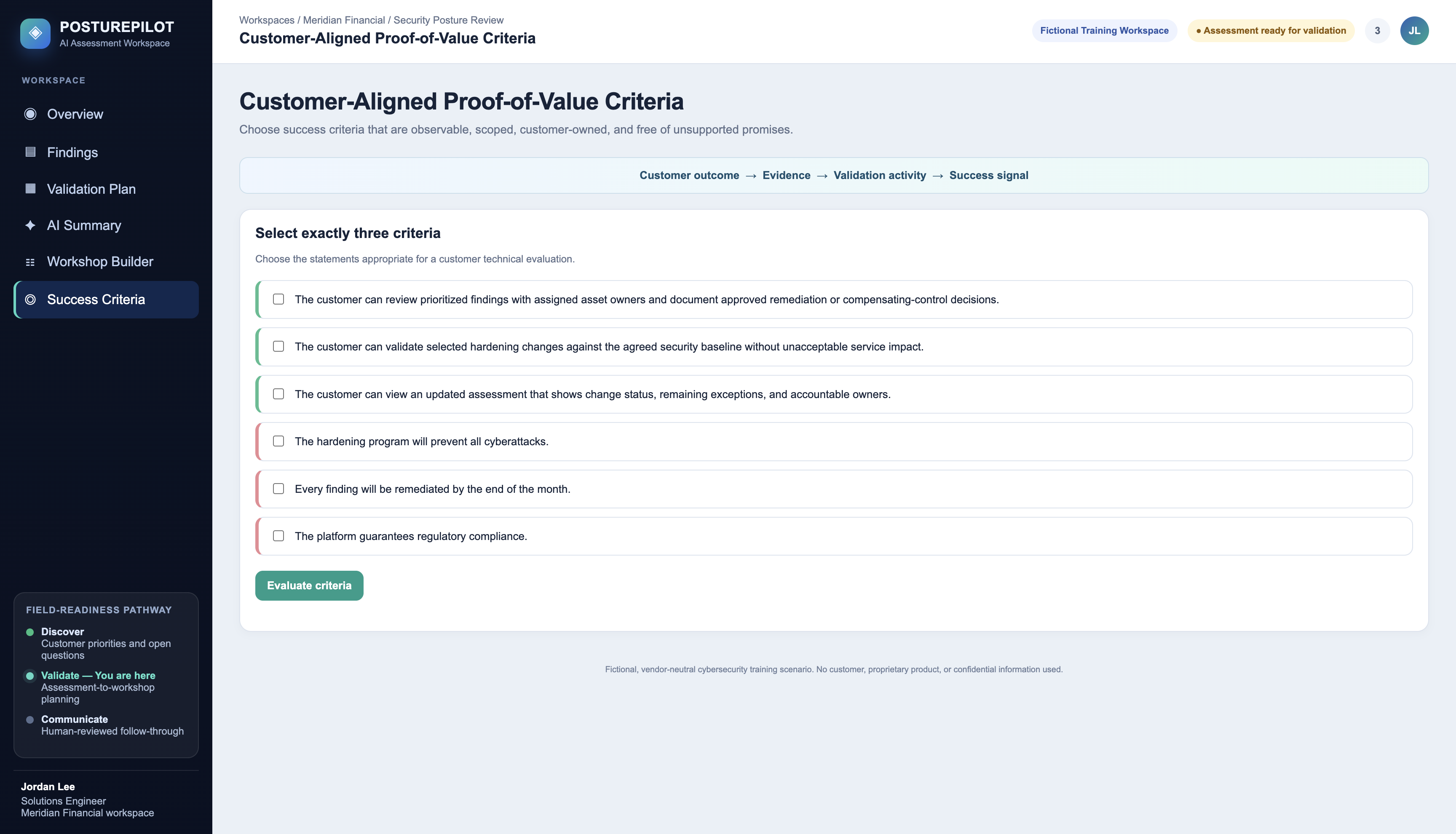 PosturePilot Workshop Builder and Proof of Value screens showing meeting agenda items, a test activity, owners, and customer success checks.